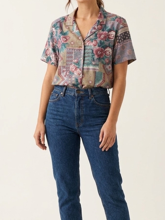 Alfred Dunner Tops - Alfred Dunner Teal and Mauve Patchwork Floral Button-Down Shirt.  WS 95